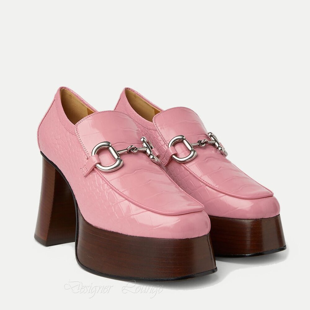 NEW GUCCI Horsebit Pink Croc Embossed Leather Platform Loafers EU 40.5 US 10.5 - Picture 2 of 10